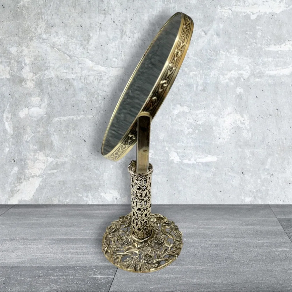 Vtg‎ Japan Gold/Silver Filigree Vanity Mirror Swivel Floral Rose Pedestal Decor